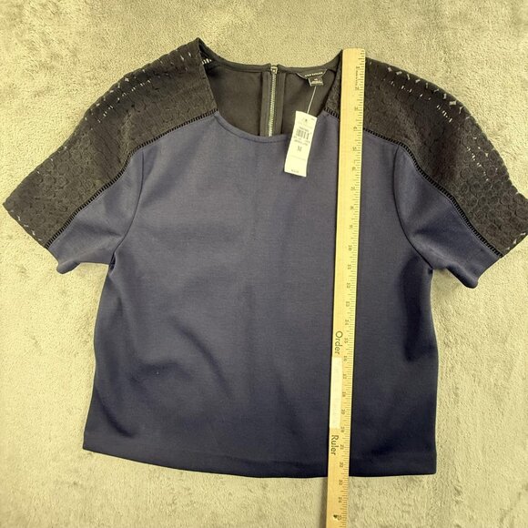 Ann Taylor Shirt Womens Medium Navy Black Lace Shoulder Short Sleeve Zip Back - Picture 6 of 11